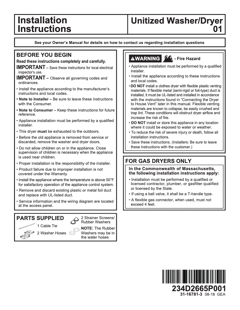 Page 1 de la notice Guide d'installation GE GUD27EESNWW