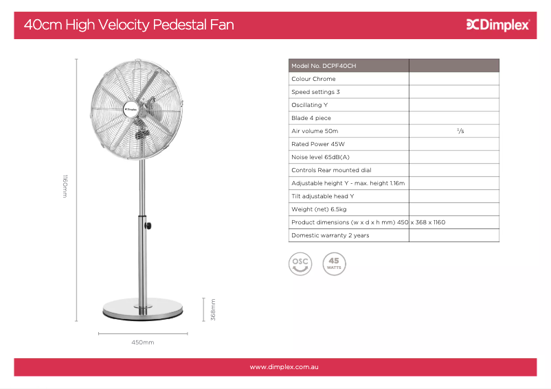 Página 1 del manual Ficha técnica Dimplex DCPF40CH
