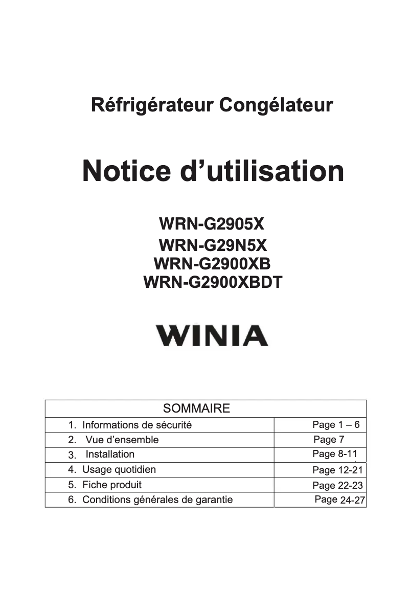 Page 1 de la notice Manuel utilisateur Winia WRN-G2900XB