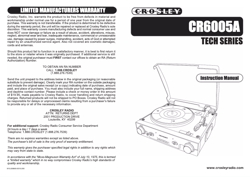 Page 1 de la notice Manuel utilisateur Crosley CR6005A Tech