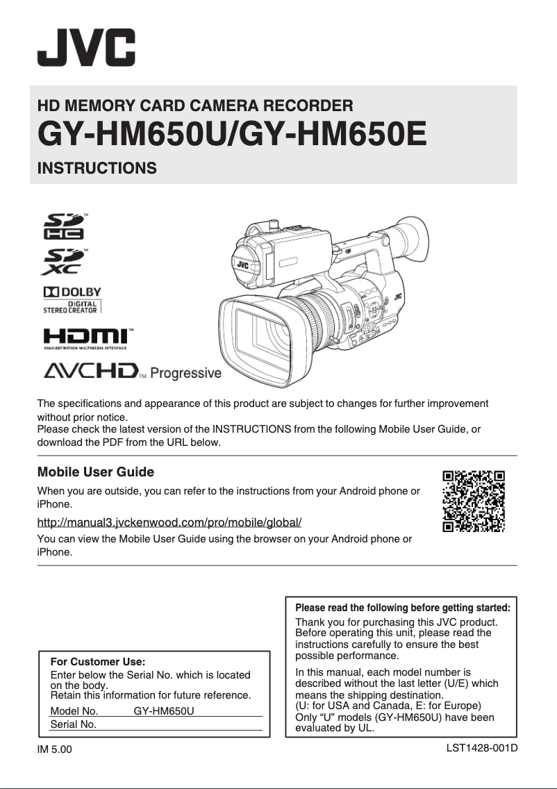 Page n°1 - Manuel utilisateur JVC GY-HM650