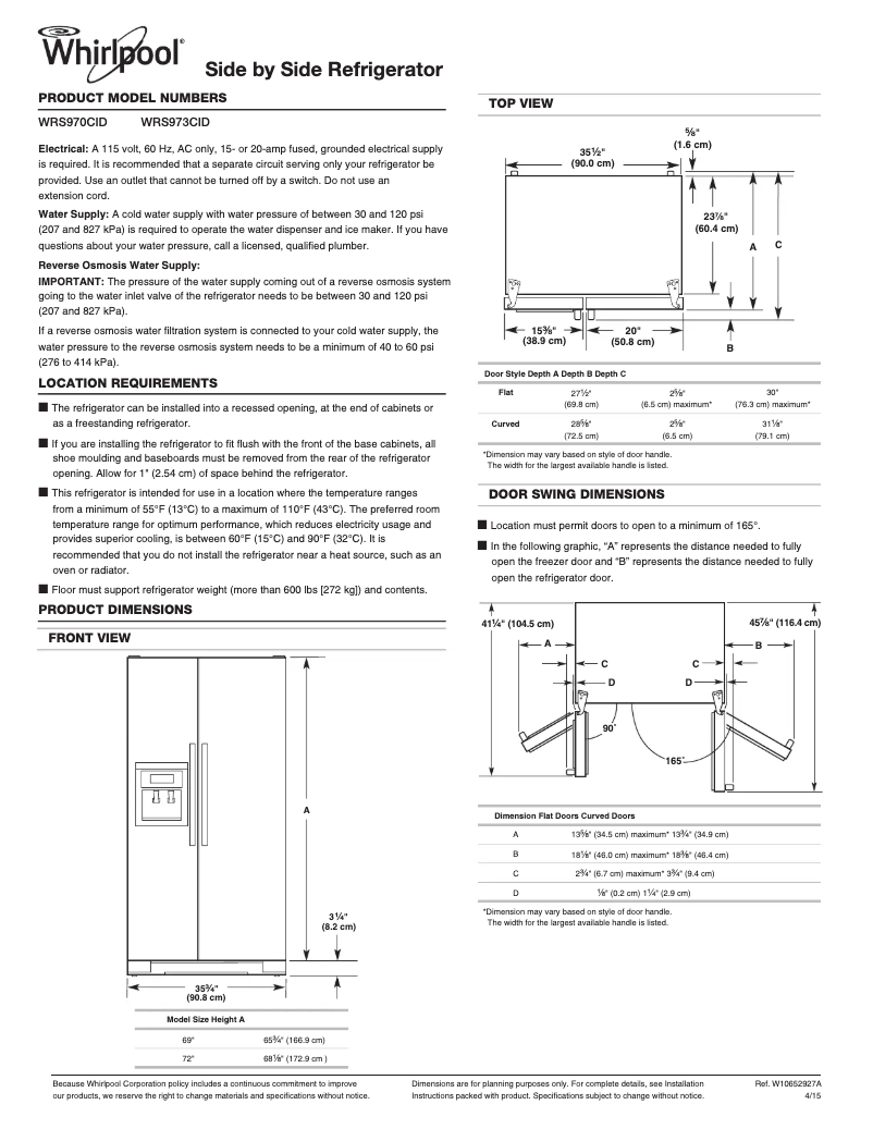 Page 1 de la notice Fiche technique Whirlpool WRS970CID
