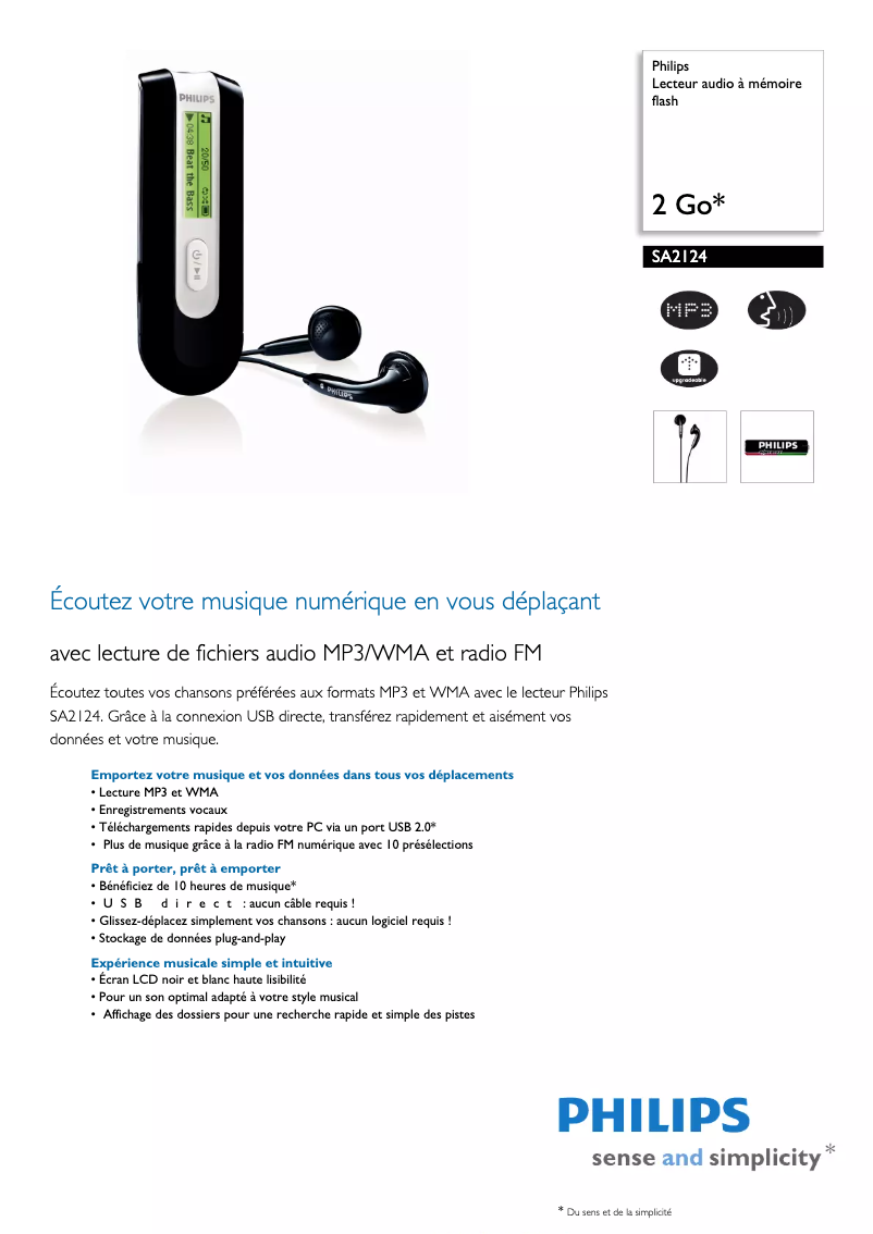 Page 1 de la notice Fiche technique Philips SA2124