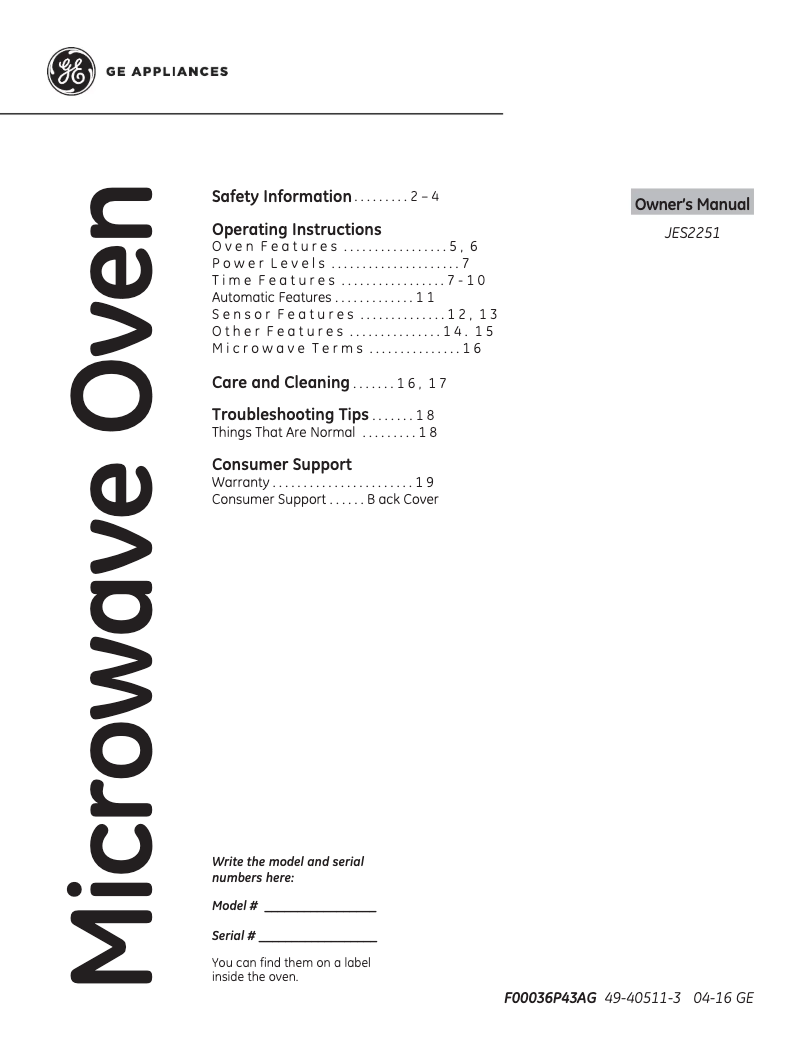 Page n°1 - Manuel d'utilisation et d'entretien GE JES2251SJ
