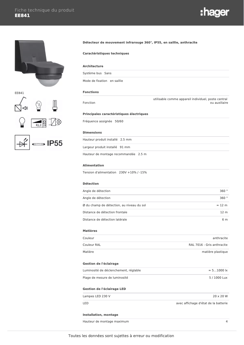 Page 1 de la notice Fiche technique Hager EE841