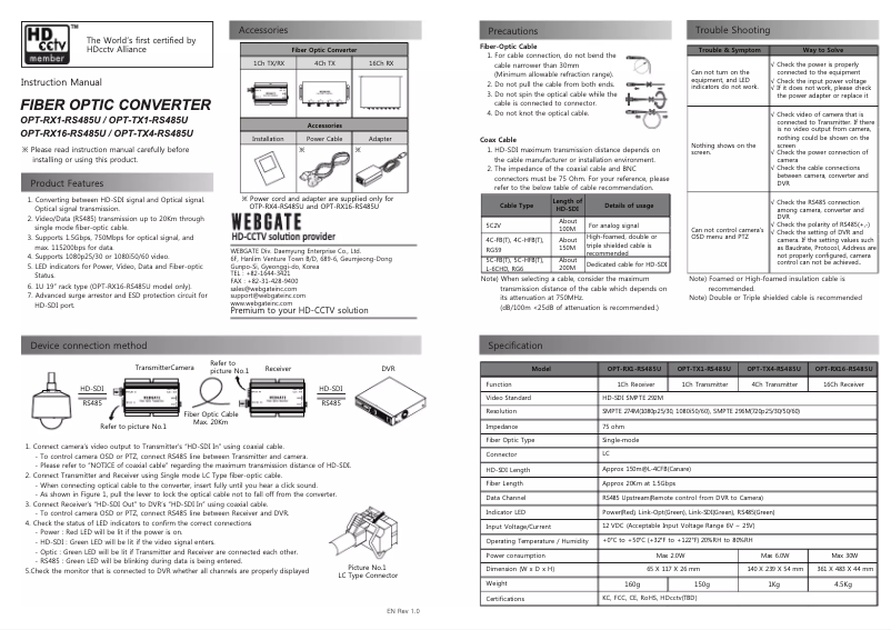 Page n°1 - Manuel utilisateur Webgate OPT-TX1-RS485U