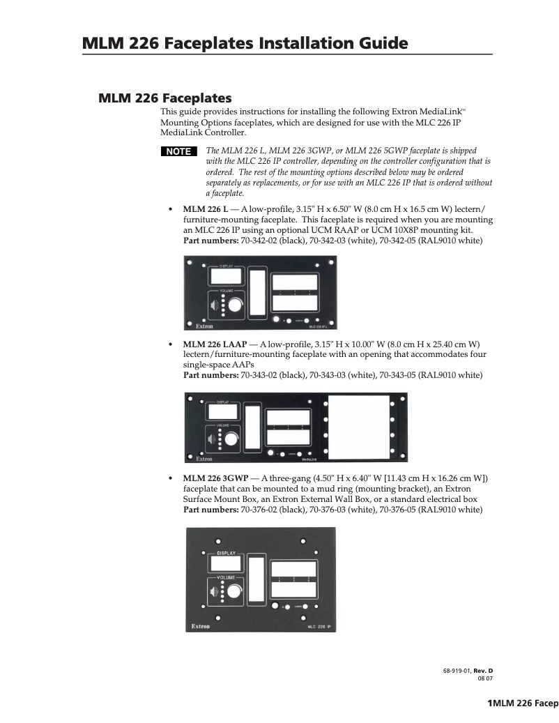 Page 1 de la notice Manuel utilisateur Extron MLM 226 L