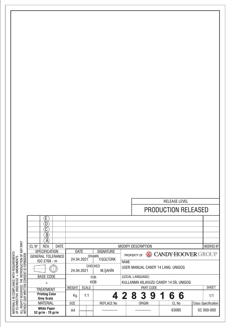 Page n°1 - Manuel utilisateur Candy CVG74WPB-MAR