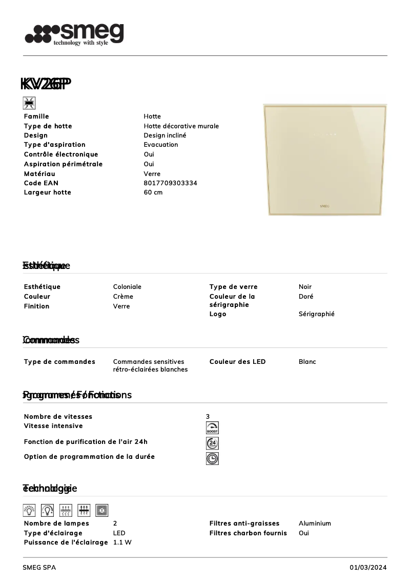 Page n°1 - Fiche technique Smeg KV26P