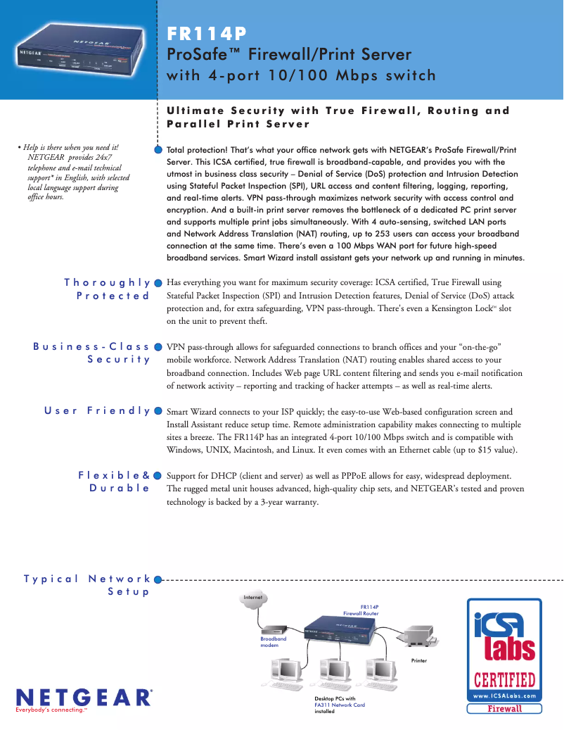 Page 1 de la notice Fiche technique Netgear FR114P