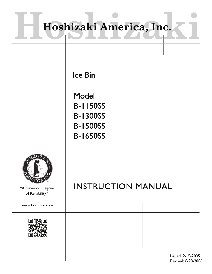 Page 1 de la notice Manuel d'utilisation et d'entretien Hoshizaki B-1300SS