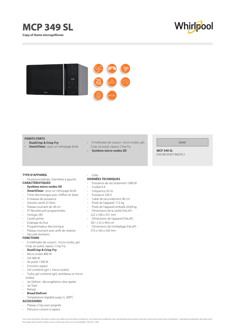 Page n°1 - Fiche technique Whirlpool MCP 349 SL