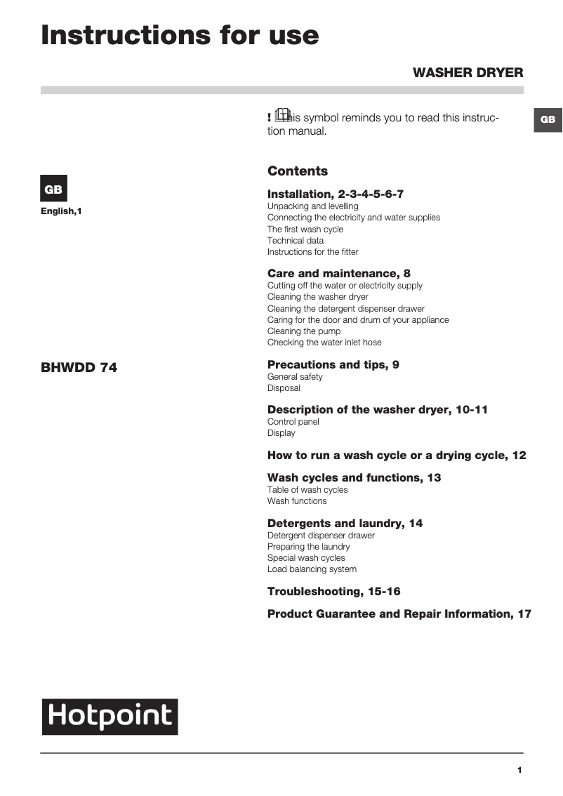 Página 1 del manual Manual de usuario Hotpoint BHWDD 74 (UK)