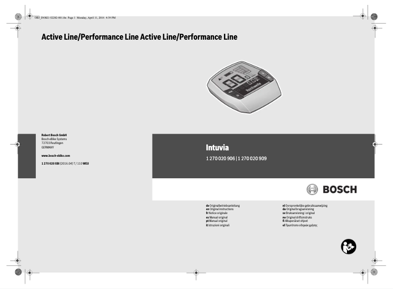 Page 1 de la notice Manuel utilisateur Bosch Intuvia Active Line