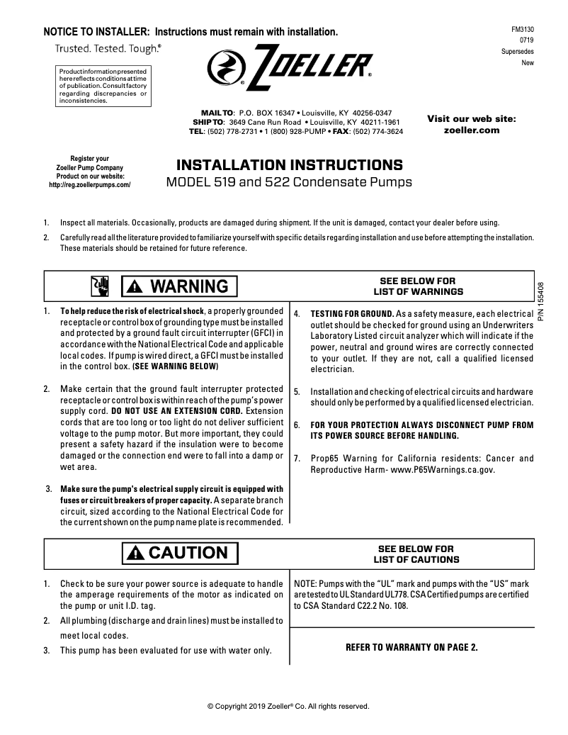 Page 1 of the manual User Manual Zoeller 519-0005