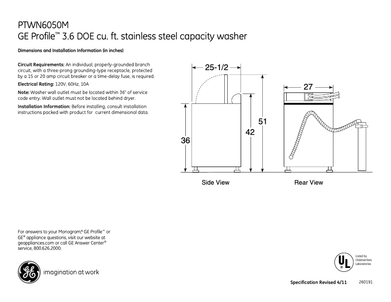 Page n°1 - Fiche technique GE PTWN6050MWT
