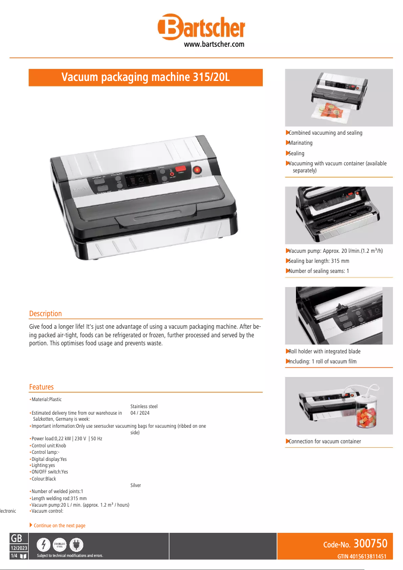 Page n°1 - Fiche technique Bartscher 315/20L