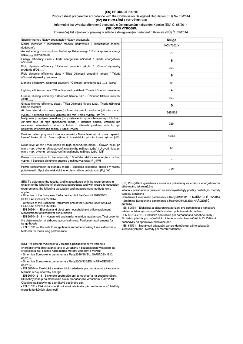 Page n°1 - Fiche technique Kluge KOV7002IX