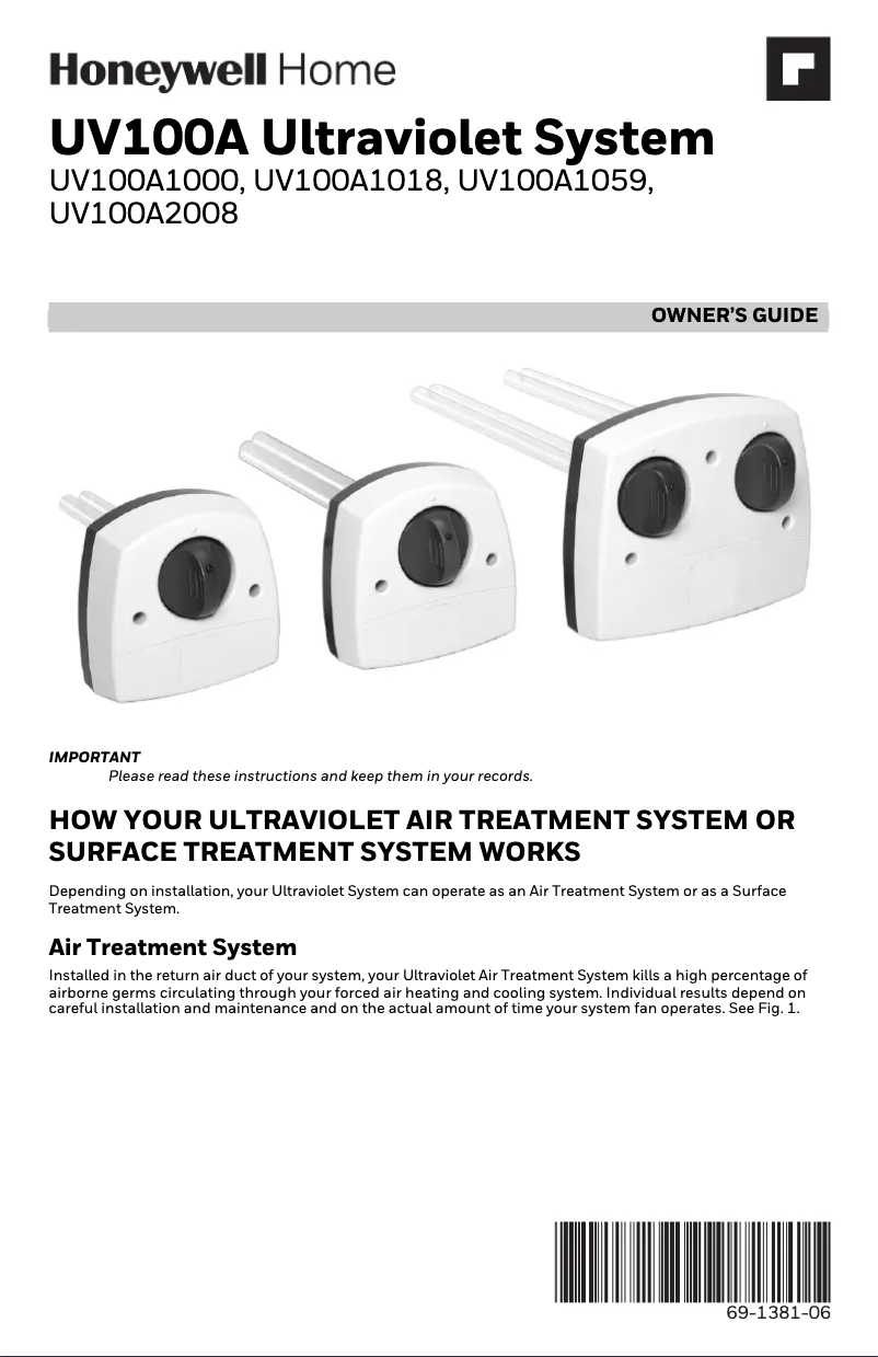 Page 1 de la notice Manuel utilisateur Honeywell UV100E1043