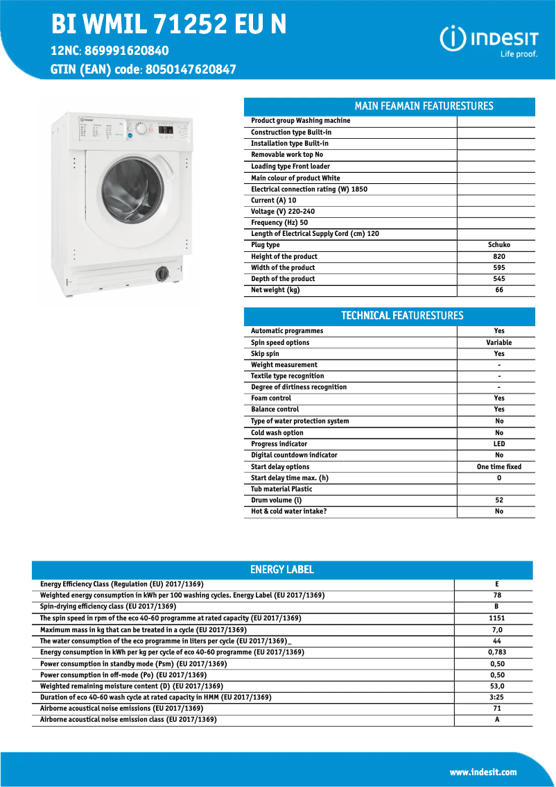 Page n°1 - Fiche technique Indesit BI WMIL 71252 EU N