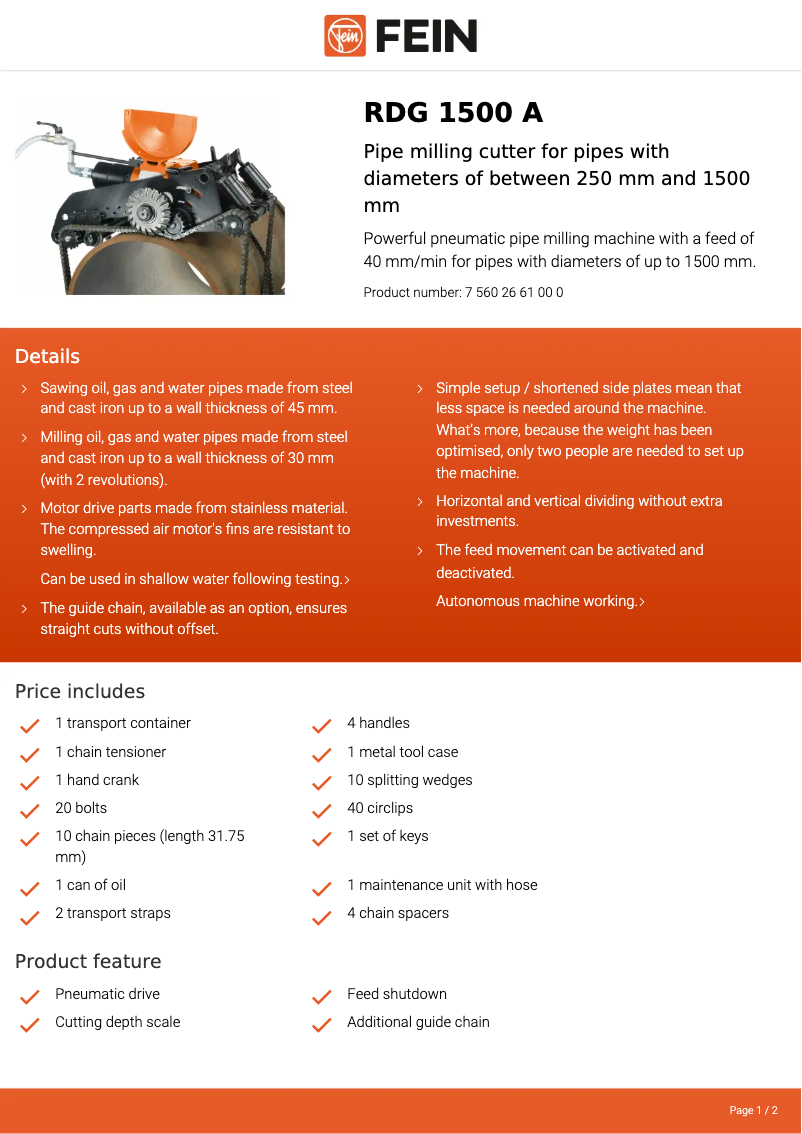 Page n°1 - Fiche technique Fein RDG 1500 A