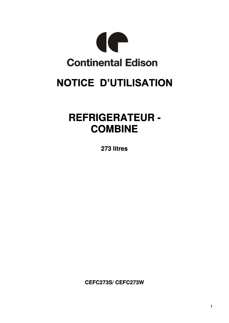 Page 1 de la notice Manuel utilisateur Continental Edison CEFC273W