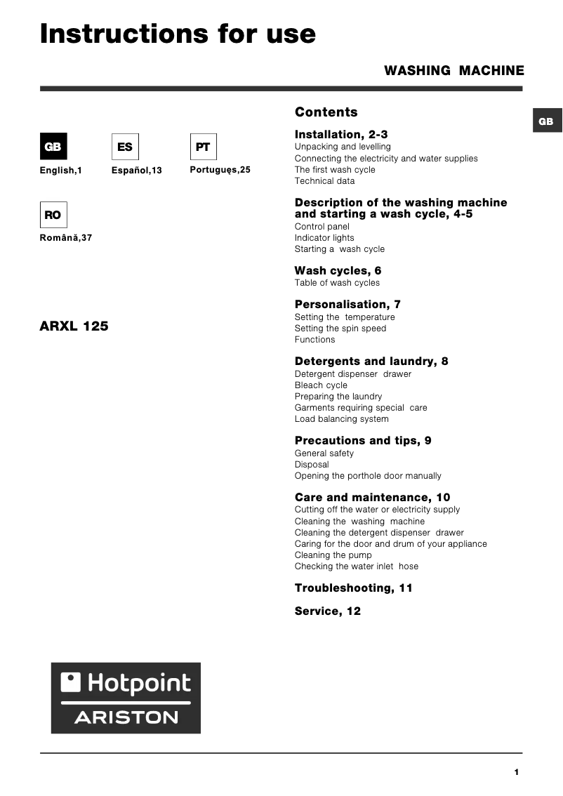Page n°1 - Manuel utilisateur Hotpoint Ariston ARXL 125