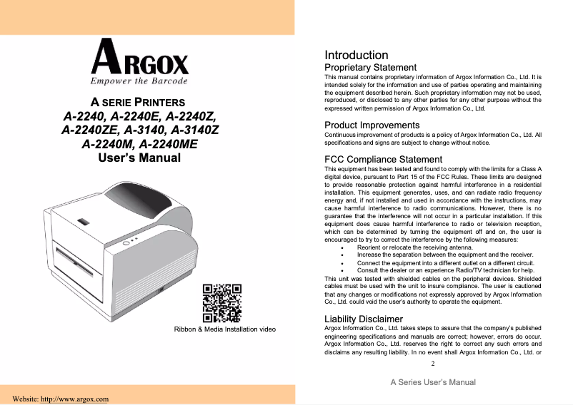 Page 1 de la notice Manuel utilisateur Argox A-3140Z