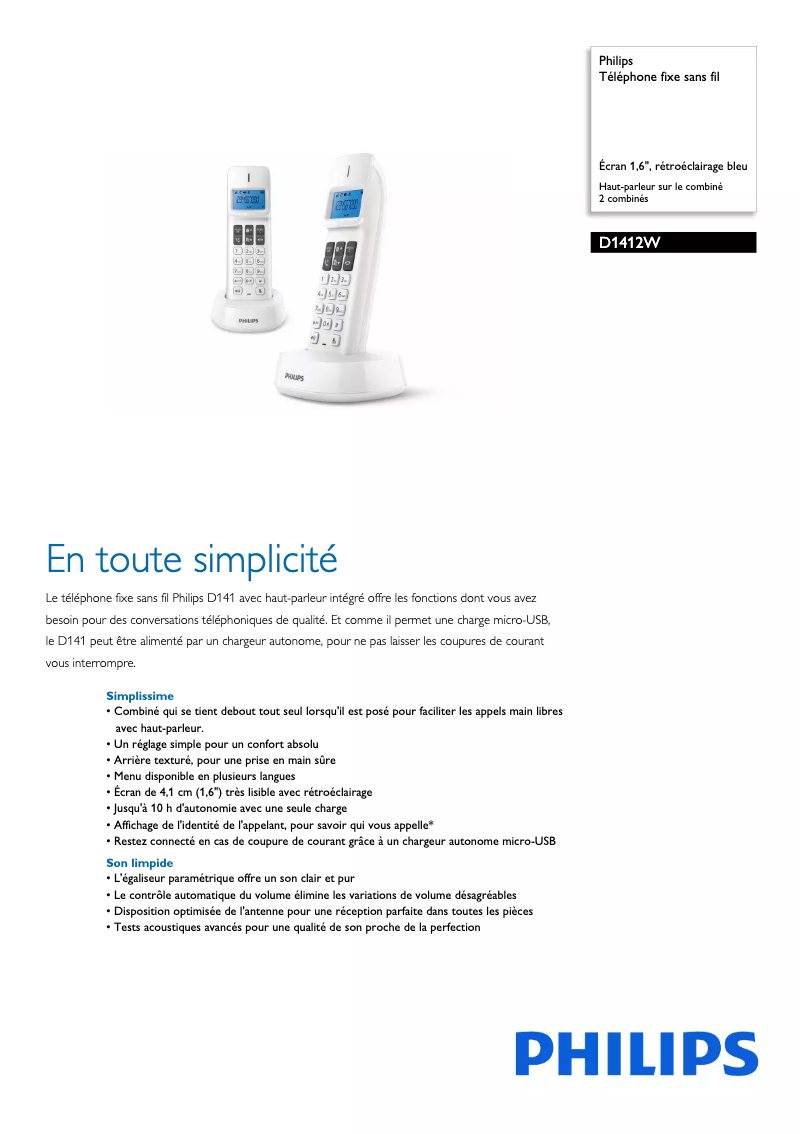 Página 1 del manual Ficha técnica Philips D1412W