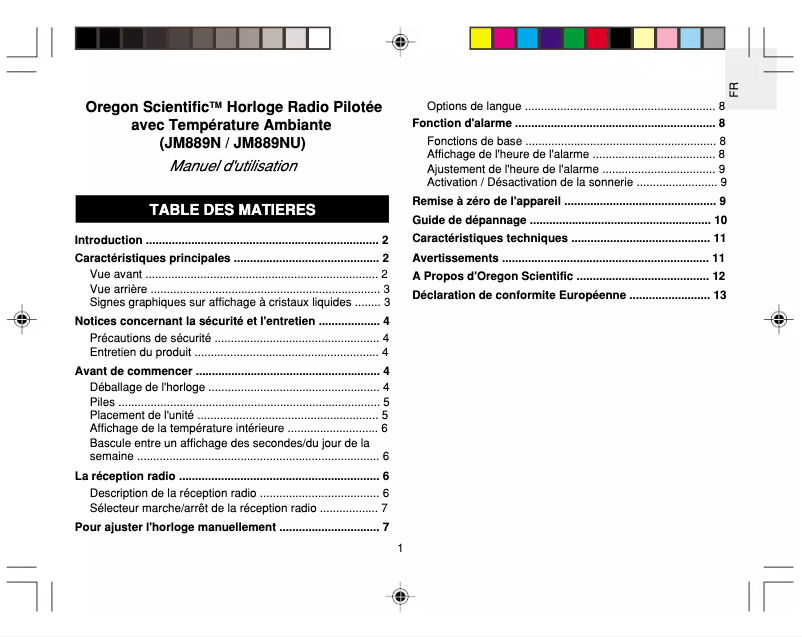 Page n°1 - Manuel utilisateur Oregon Scientific JM889