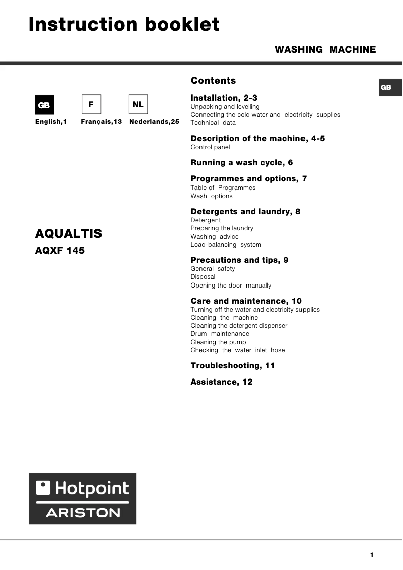 Page n°1 - Manuel utilisateur Hotpoint Ariston Aqualtis AQXF 145