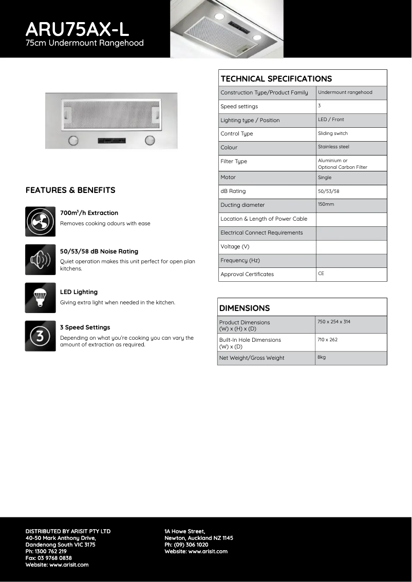 Page 1 de la notice Fiche technique Tisira ARU75AX-L