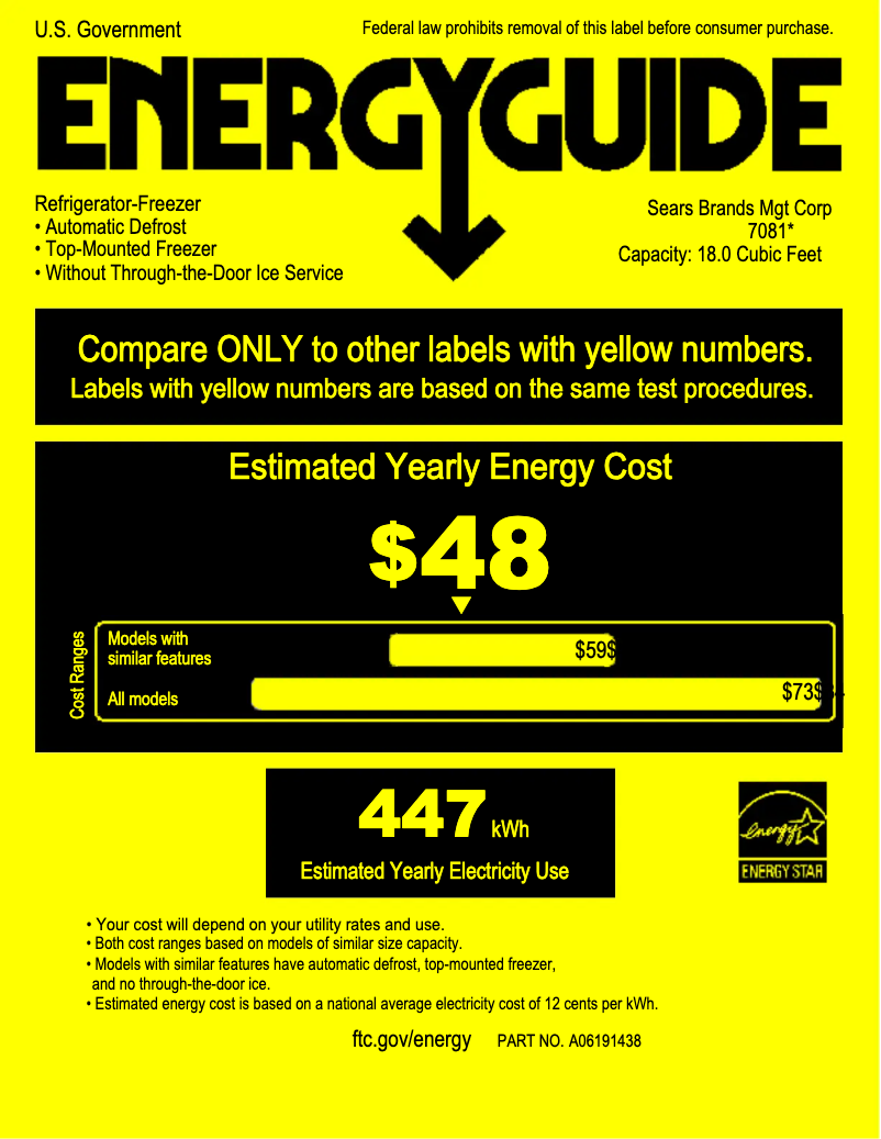 Page 1 de la notice Label énergétique Kenmore 70819