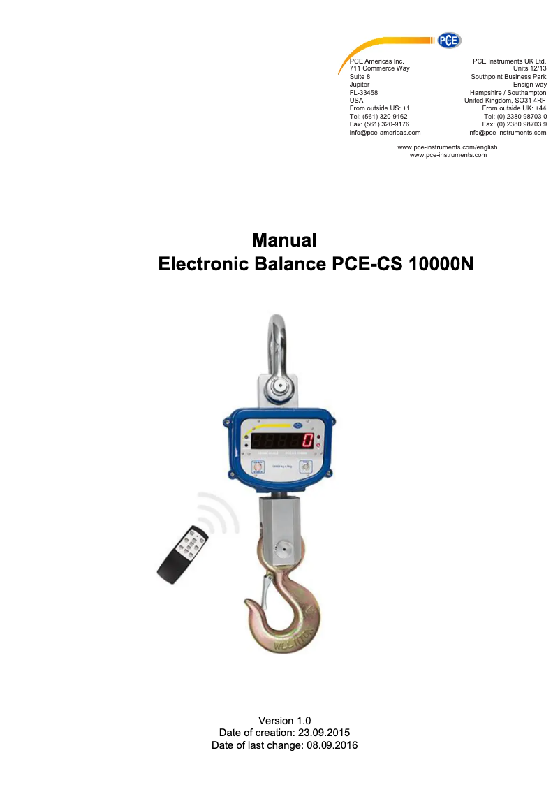 Page 1 de la notice Manuel utilisateur PCE Instruments PCE-CS 10000N