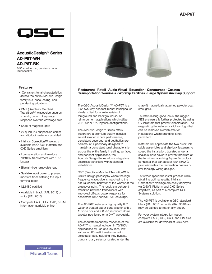 Page 1 de la notice Fiche technique QSC AD-P6T