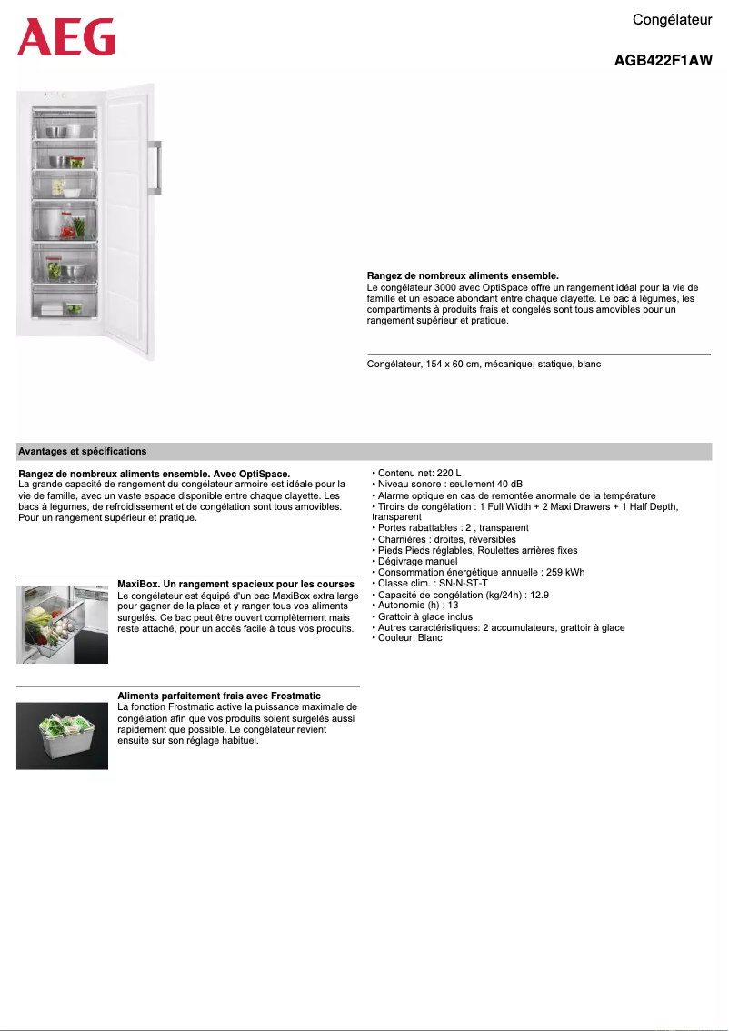 Page 1 de la notice Fiche technique AEG AGB422F1AW