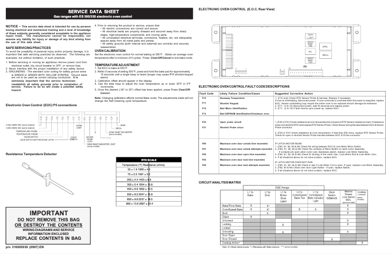 Page 1 de la notice Fiche technique Frigidaire FFGF3054TW