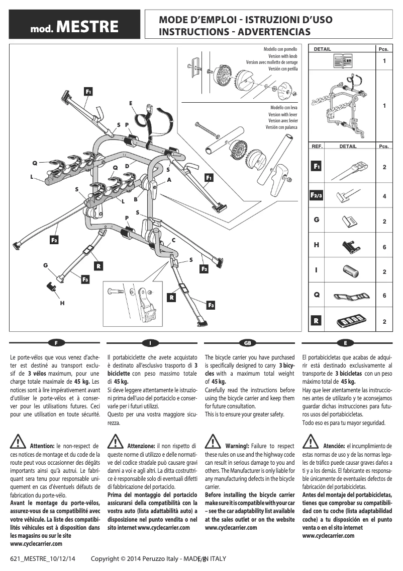 Page 1 de la notice Manuel utilisateur Peruzzo Mestre