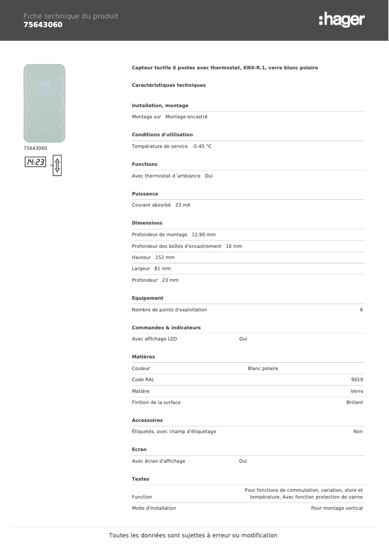 Página 1 del manual Ficha técnica Hager 75643060