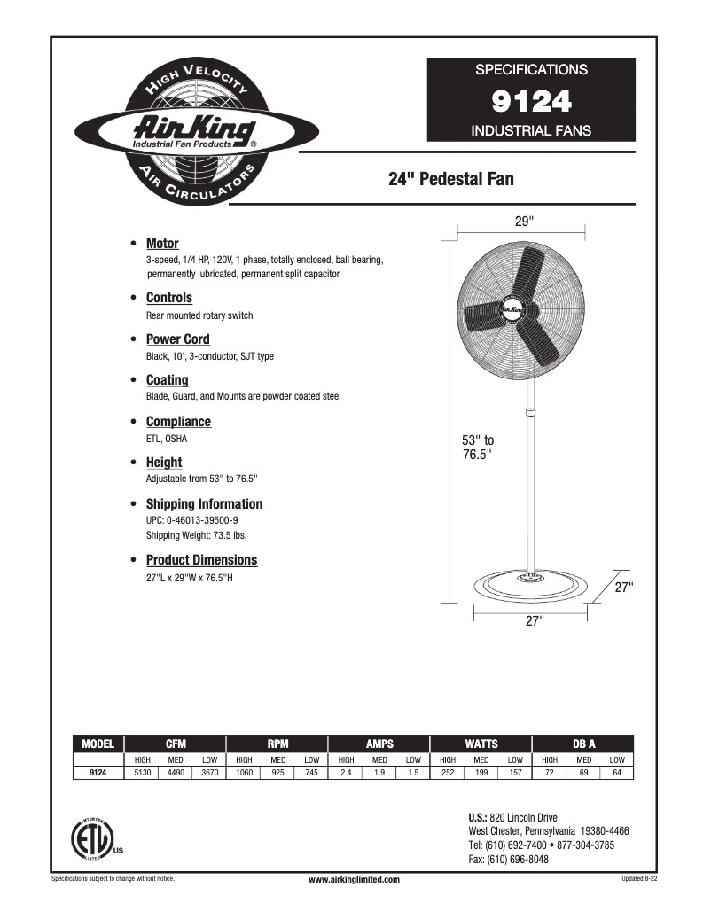 Page 1 de la notice Fiche technique Air King 9124