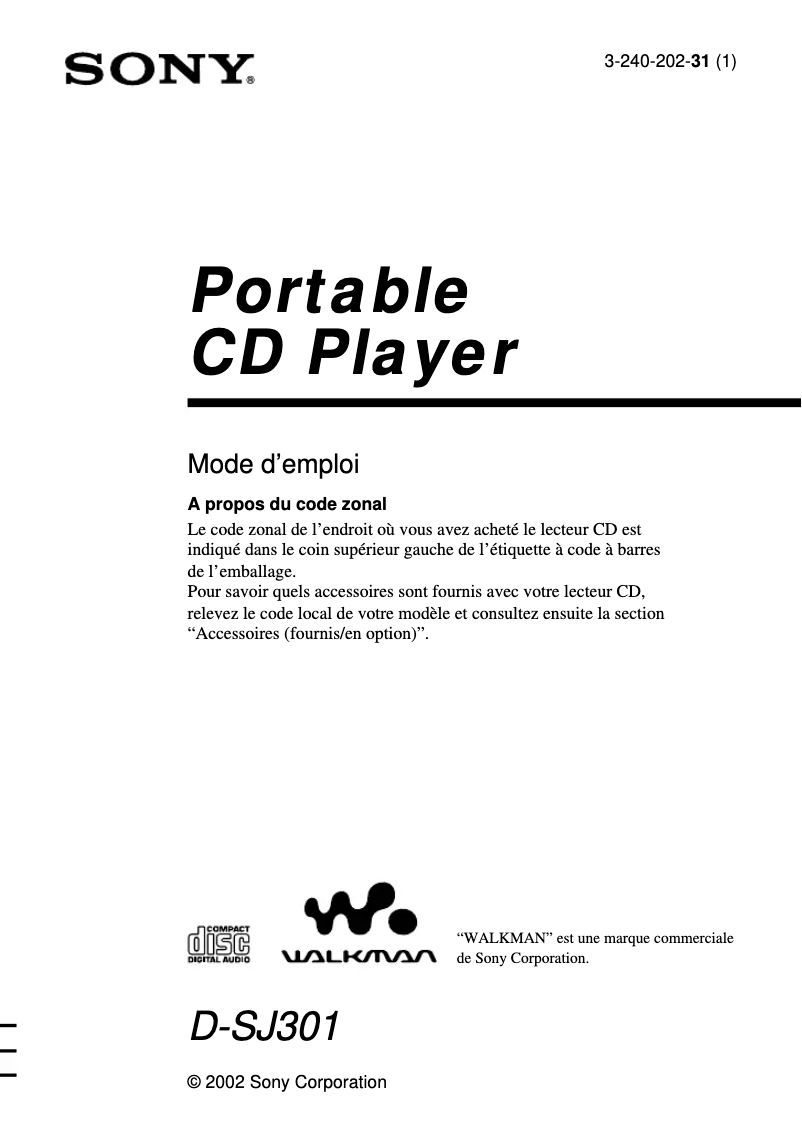 Image de la première page du manuel de l'appareil Discman D-SJ301