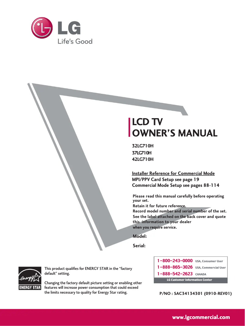 Page n°1 - Manuel utilisateur LG 37LG710H