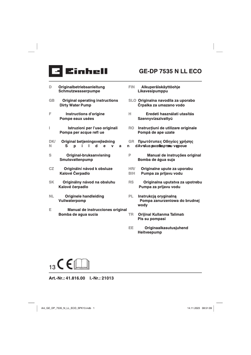 Page 1 de la notice Manuel utilisateur Einhell GE-DP 7535 N LL ECO