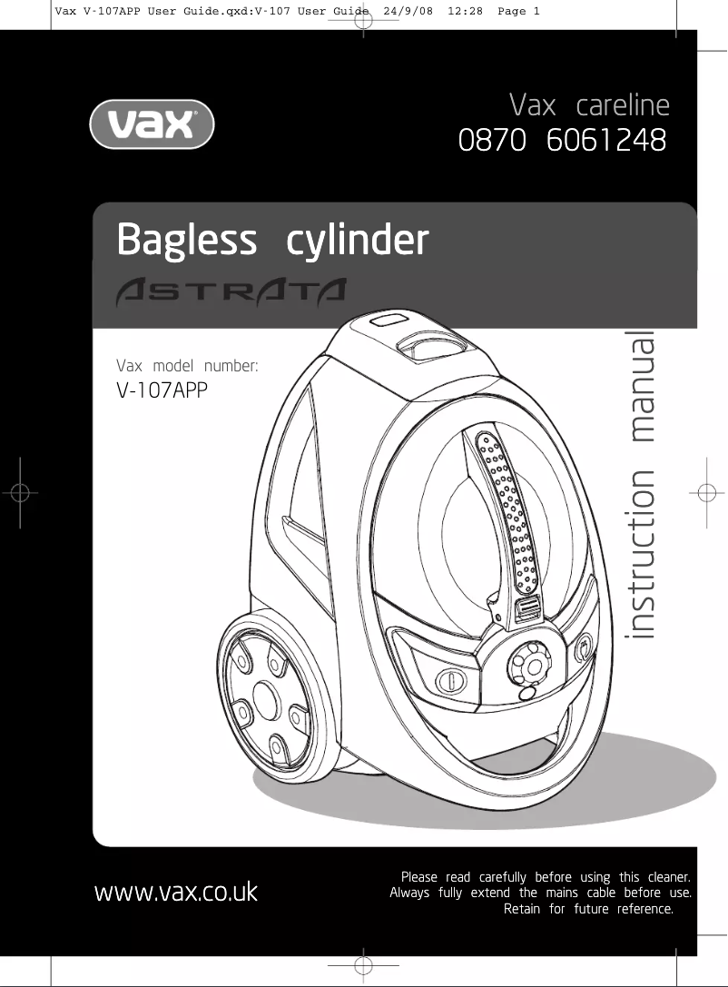 Página 1 del manual Manual de usuario Vax Astrata V 107