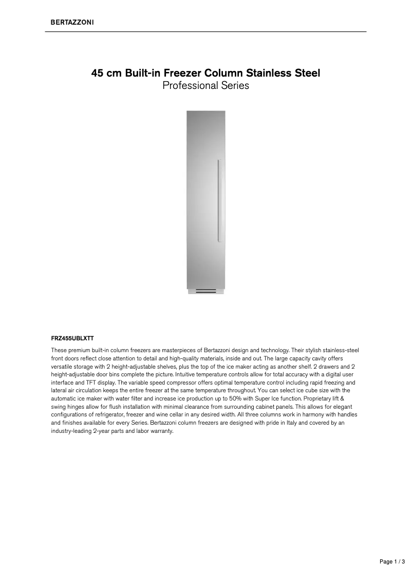 Page 1 de la notice Fiche technique Bertazzoni FRZ455UBLXTT