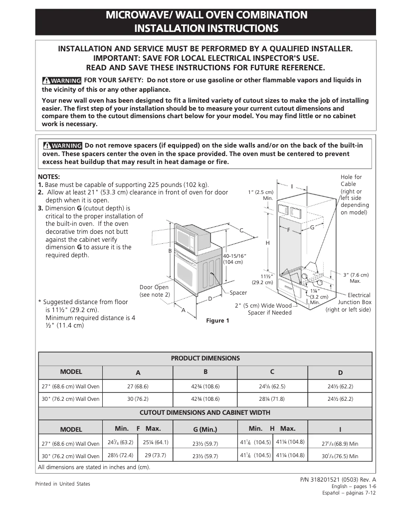 Page 1 de la notice Guide d'installation Frigidaire GLEB27M9EB