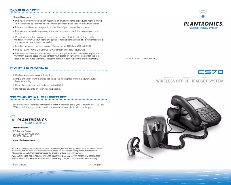 Page 1 de la notice Manuel utilisateur Plantronics CS70