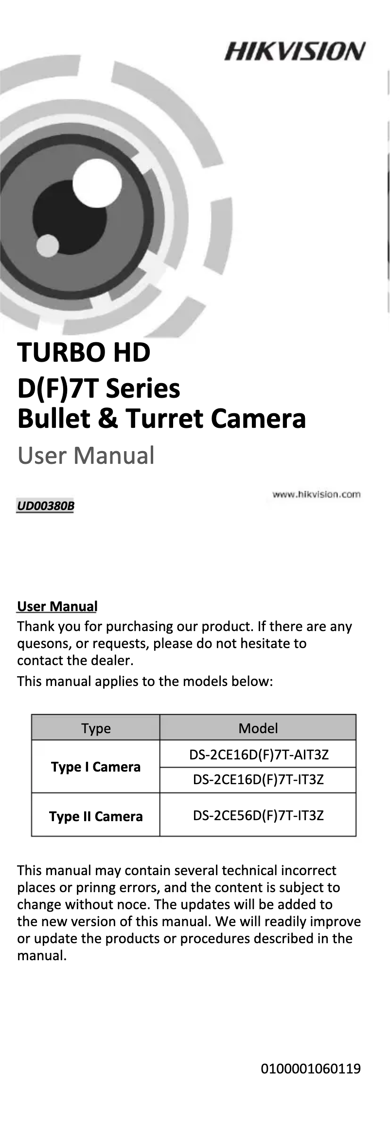 Page 1 de la notice Manuel utilisateur Hikvision DS-2CE16F7T-IT3Z