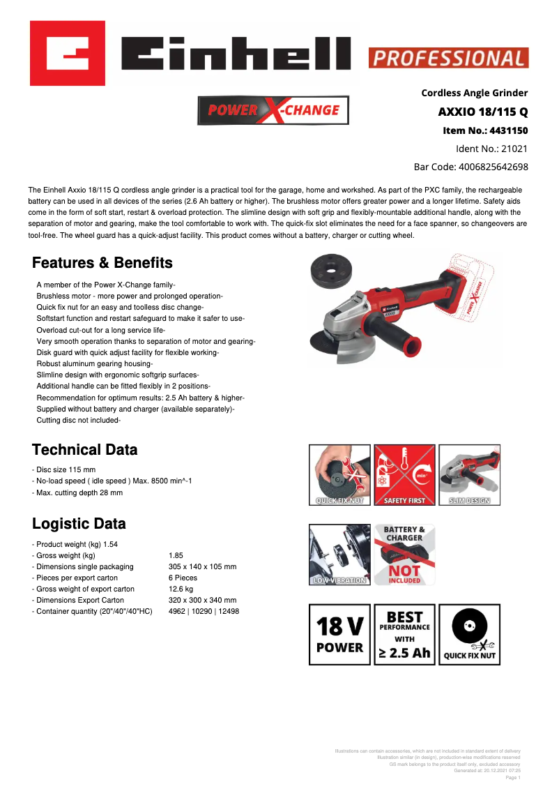 Page n°1 - Fiche technique Einhell AXXIO 18/115 Q