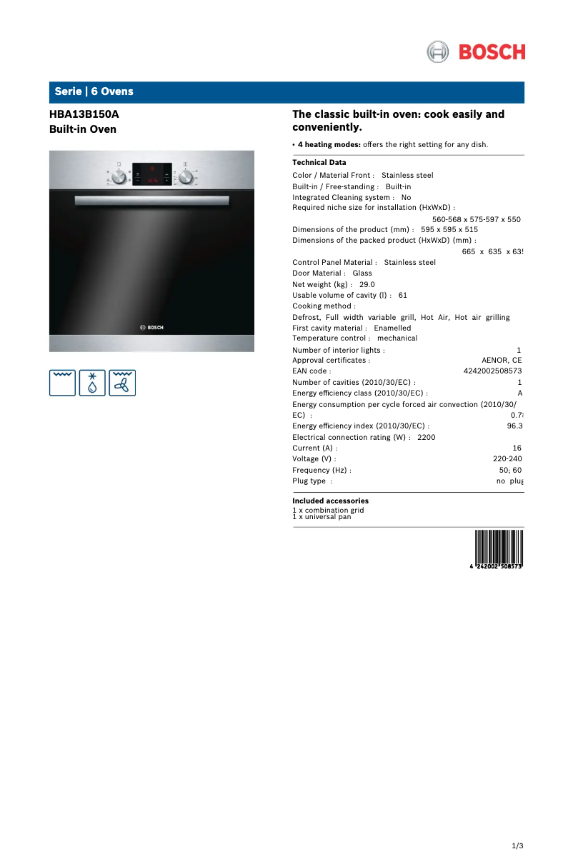Page n°1 - Fiche technique Bosch HBA13B150A